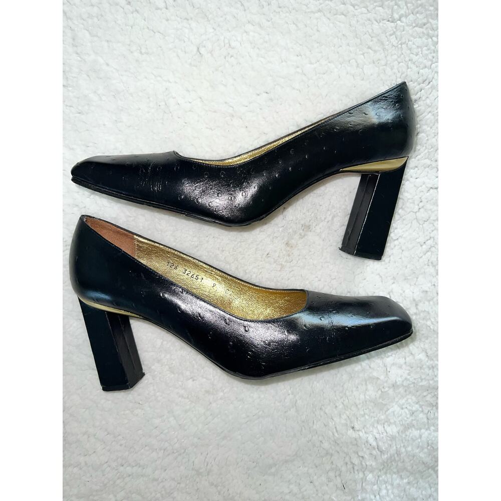 Timothy Hitman Classic Black Leather Pumps with Gold Accents - size 9